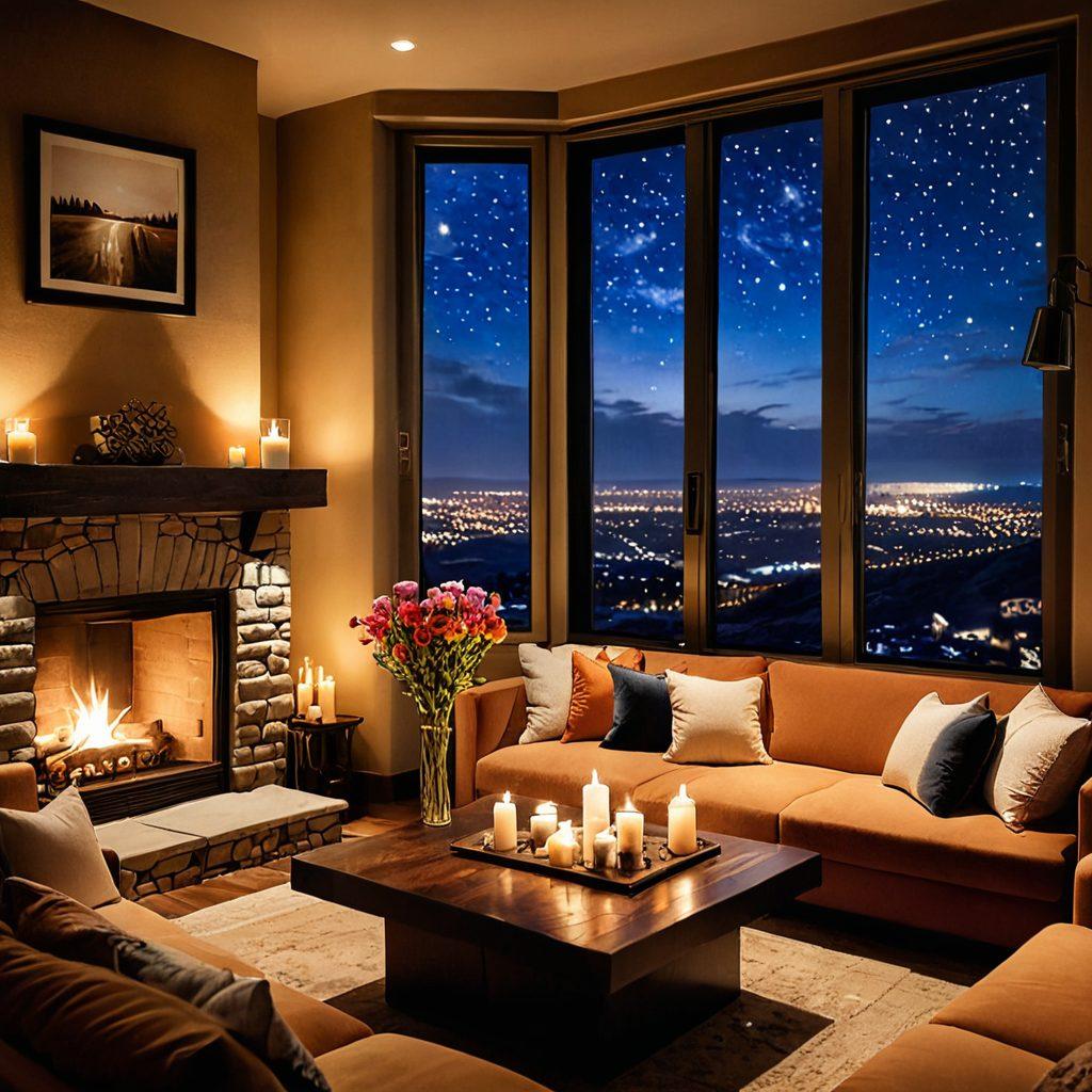 A cozy, warmly lit intimate lounge featuring plush seating, soft pillows, and a crackling fireplace. A small table adorned with candles and a bouquet of flowers sits in the center, enhancing the romantic ambiance. In the background, a large window reveals a starry night sky, adding a sense of tranquility and allure. Soft shadows and warm hues create an inviting atmosphere perfect for couples. super-realistic. warm tones. cozy ambiance.