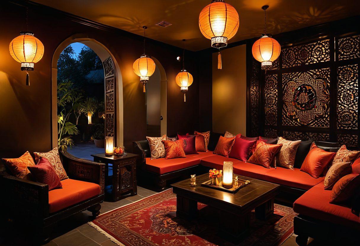 A sultry, dimly-lit lounge adorned with rich Indian textiles and intricate patterns, featuring plush cushions and elegant lanterns casting warm shadows. Captivating dancers performing traditional Indian dance, their vibrant costumes swirling amidst the enticing atmosphere. Exotic drinks served on intricately designed tables, with hints of spices and flowers. The essence of sensuous Indian culture beautifully encapsulated in a sophisticated setting. super-realistic. vibrant colors. warm lighting.