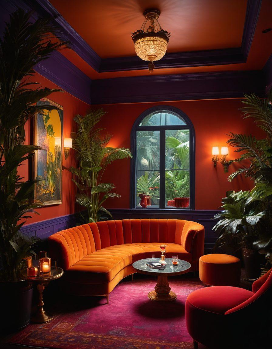 A dimly lit lounge scene with plush velvet seating, soft candlelight casting alluring shadows. Exotic decor featuring tropical plants and vibrant colors accentuating an intimate atmosphere. Silhouettes of elegantly dressed individuals enjoying cocktails, with hints of live entertainment in the background. An inviting, enticing vibe that captures the essence of seduction and nightlife. 3D. vibrant colors. moody lighting.